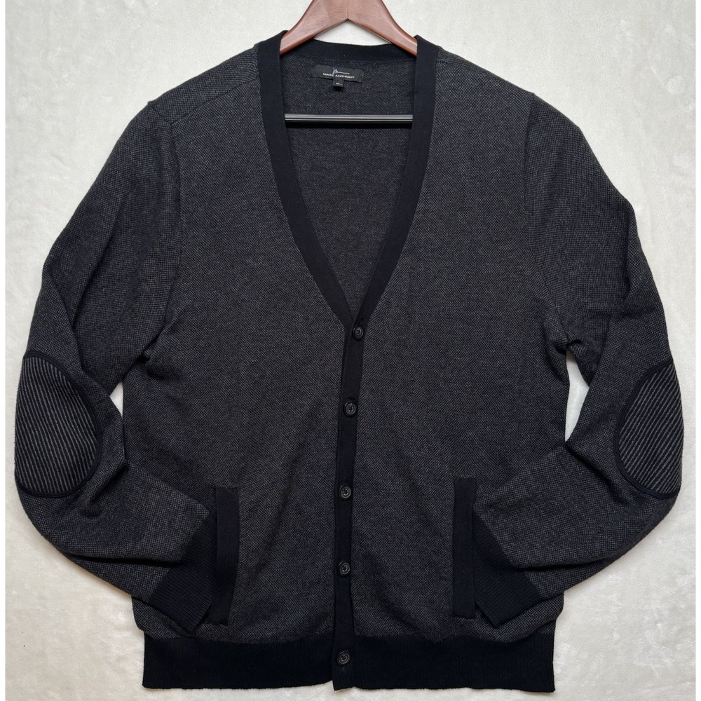 Marc Anthony XL Gray Cardigan Wool Cotton Cashmere Elbow Patches Academia Luxury
